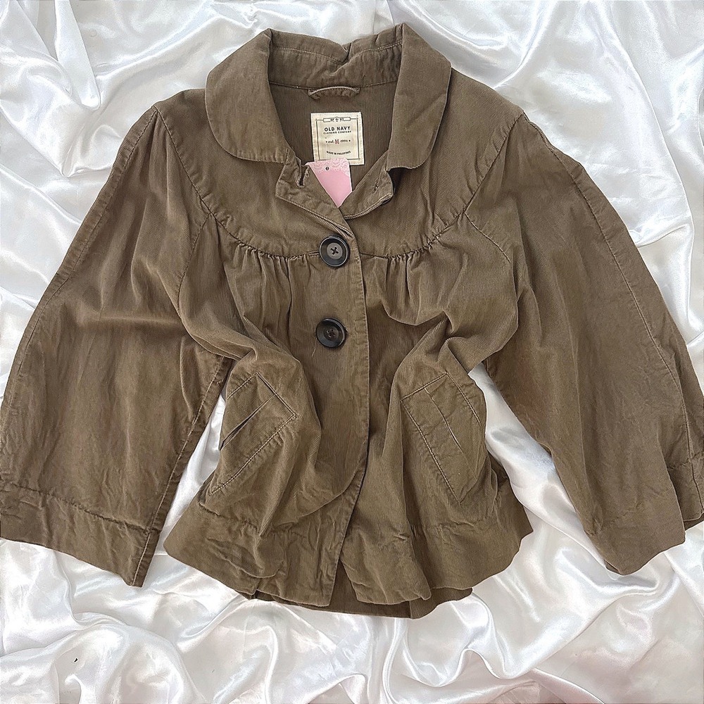 Old Navy Corduroy Jacket Olive Brown Babydoll Cropped Peter Pan Collar M